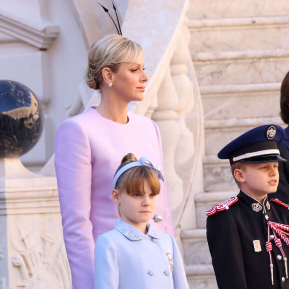 la princesse Charlene de Monaco, le prince héritier Jacques, la princesse Gabriella, la princesse Stéphanie dans la cour du palais princier le jour de la fête nationale de Monaco le 19 novembre 2024. © Jean-Charles Vinaj / Pool Monaco / Bestimage 