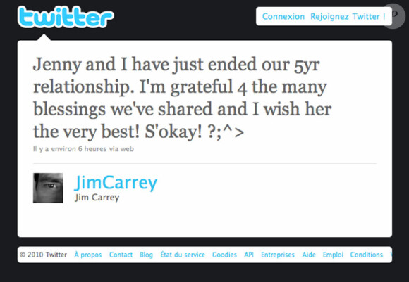 Twitter de Jim Carrey annonçant sa séparation d'avec Jenny McCarthy