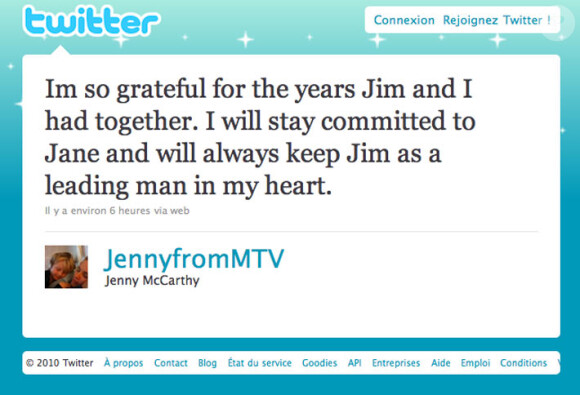 Twitter de Jenny McCarthy annonçant sa séparation d'avec Jim Carrey