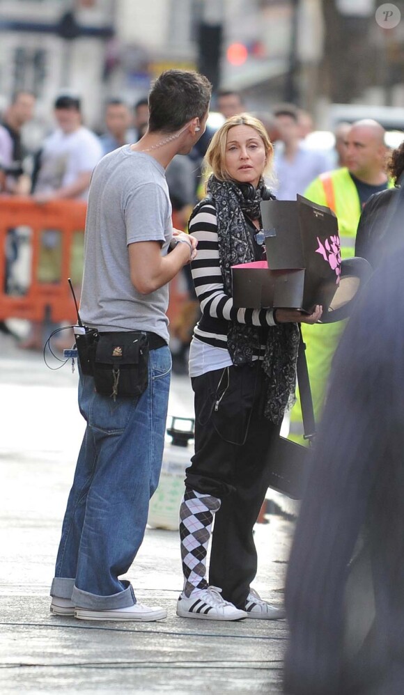 Madonna sur le tournage de W.E., à Londres, le 8 août 2010
