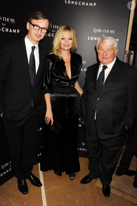 Jean Cassegrain, Kate Moss et Philippe Cassegrain lors de la soirée Longchamp à Londres. Mardi 21/09/10