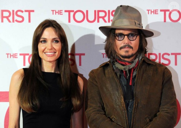 Angelina Jolie et Johnny Depp à l'occasion de la présentation allemande de The Tourist, à Berlin, le 14 décembre 2010.