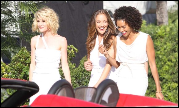 Minka Kelly, Rachael Taylor et Annie Ilonzeh sur le tournage de Drôles de dames, à Miami, le 16 mars 2011.