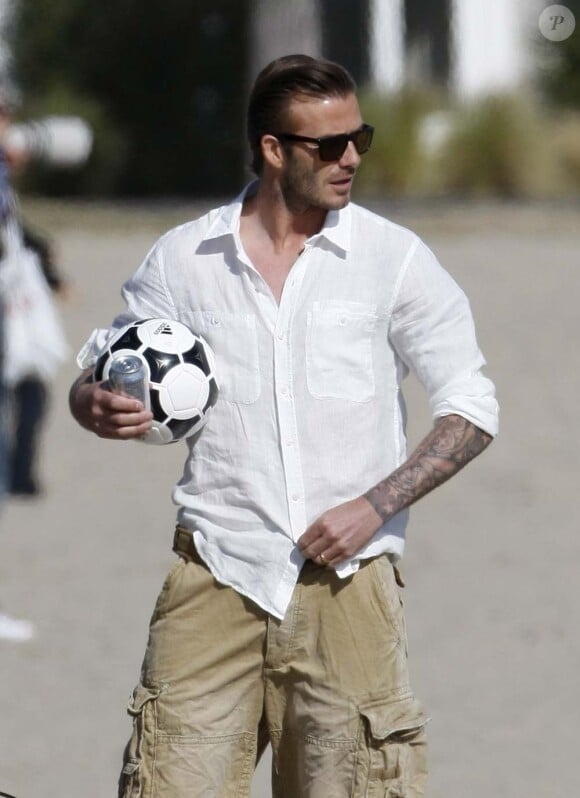 David Beckham en tournage pour Pepsi Light avec Sofia Vergara, à Los Angeles, le 28 mars 2011.