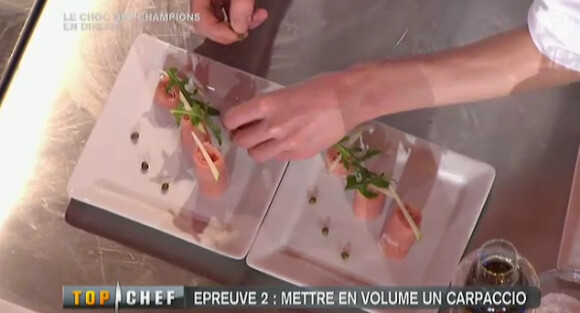 Lors de l'épreuve sur le carpaccio mis en volume, Romain a proposé ce plat (Top Chef, le choc des champions, lundi 11 avril 2011).