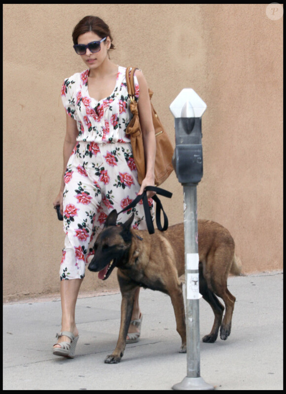 Eva Mendes promène son chien à Los Angeles. 19 avril 2011