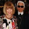 Anna Wintour et Karl Lagerfeld lors de leur arrivée à la soirée Magnum à New York le 21 avril 2011. Pour une fois, la rédactrice en chef du Vogue US a le sourire !
