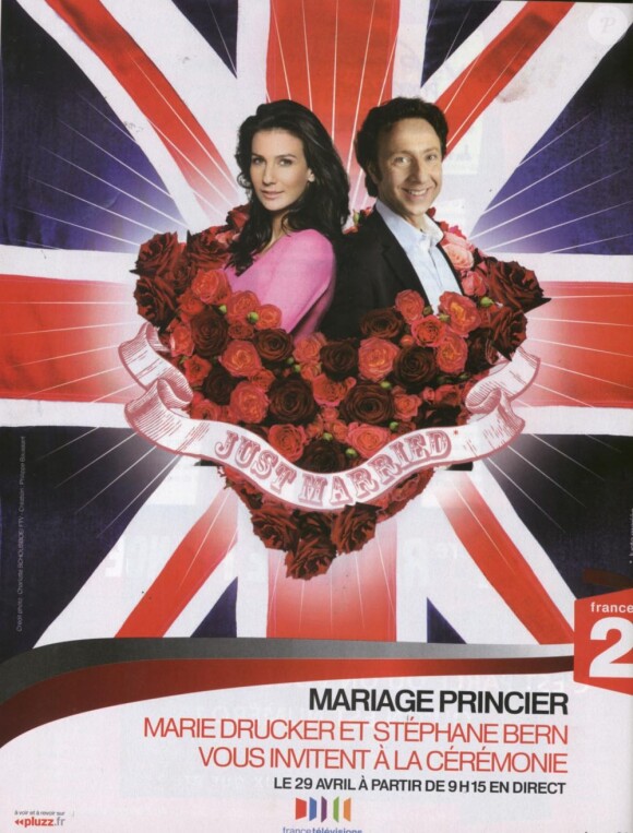Stéphane Bern et Marie Drucker s'affichent en jeunes mariés pour promouvoir le mariage de Kate et William, qu'ils commenteront en  direct sur France 2 le 29 avril 2011.