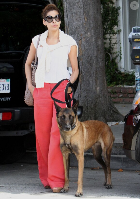 Eva Mendes affirme son rang de fashionista, même lorsqu'elle promène son gros toutou ! Los Angeles, 3 juin 2011