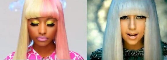 Nicki Minaj (ici dans le clip de Super bass, sorti en mai 2011) et Lady Gaga (ici dans le clip de Poker face, dévoilé en octobre 2008) : deux allures similaires qui leur ont permis de se démarquer des autres chanteuses.