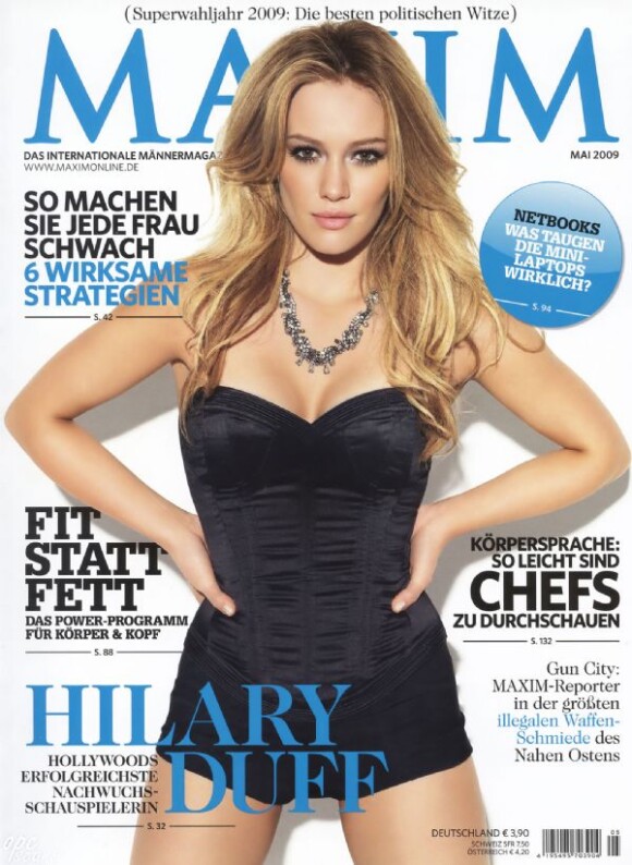 La très sexy Hilary Duff pose dans un body qui lui va comme un gant, pour l'édition allemande du magazine Maxim. Mai 2009.