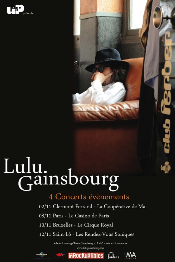 EXCLU : Lulu Gainsbourg donnera quatre concerts exceptionnels en France et Belgique en novembre pour al sortie de son premier album, From Gainsbourg to Lulu, le 14 novembre 2011.