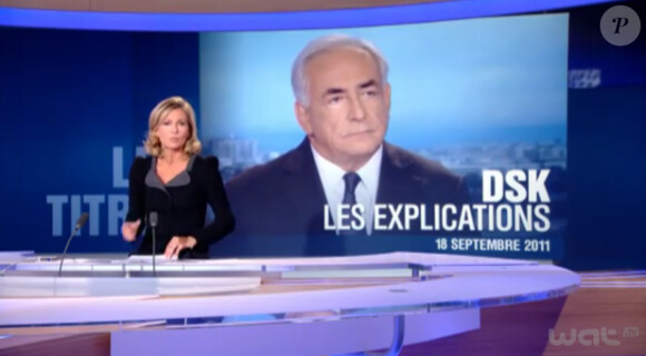 Claire Chazal, sur le plateau du JT de 20 heures de TF1, dimanche 18 septembre 2011. Elle y reçoit Dominique Strauss-Kahn pour sa première élocution télévisuelle depuis l'affaire du Sofitel.