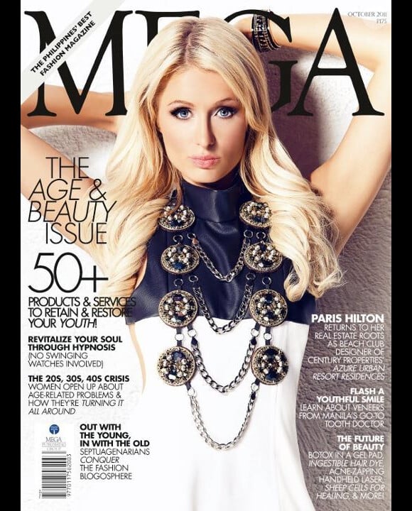 Paris Hilton n'oublie plus de se couvrir lors de ses Unes de magazine, comme pour celle du magazine Mega. Octobre 2011.