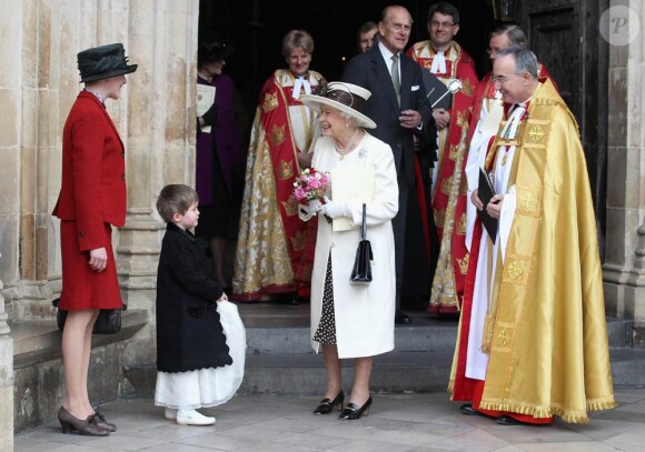Cérémonie à l'abbaye de Wesminster en l'honneur du 400e anniversaire de la King James Bible, le 16 novembre 2011, en présence de la reine Elizabeth II, son époux le duc d'Edimbourg et leur fils le prince Charles.