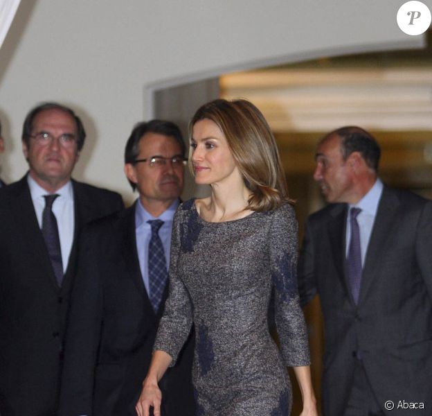 Letizia d'Espagne apportait son soutien à son époux Felipe, qui présentait au Musée national d'art catalan de Barcelone la Fondation Prince de Gérone, mercredi 14 décembre 2011.