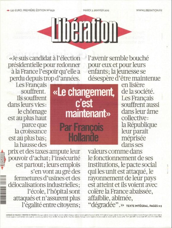 Lettre de François Hollande aux Français publiée en une de Libération, le 3 janvier 2011.