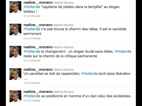 Nadine Morano attaque François Hollande sur son compte Twitter, le 3 janvier 2011.