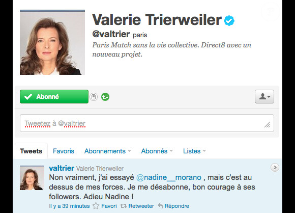 Valérie Trierweiler tacle Nadine Morano sur son compte Twitter, le 3 janvier 2011.
