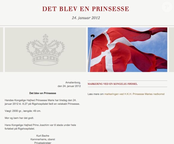 La Maison royale de Danemark s'est empressée de communiquer l'heureuse nouvelle : la princesse Marie de Danemark a accouché de son deuxième enfant le 24 janvier 2012 au Rigshospitalet de Copenhague. Elle a donné naissance à une petite princesse, la première fille pour le prince Joachim !