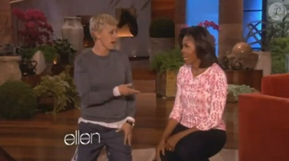 Michelle Obama sur le plateau du Ellen DeGeneres Show, à Los Angeles le 1er février 2012