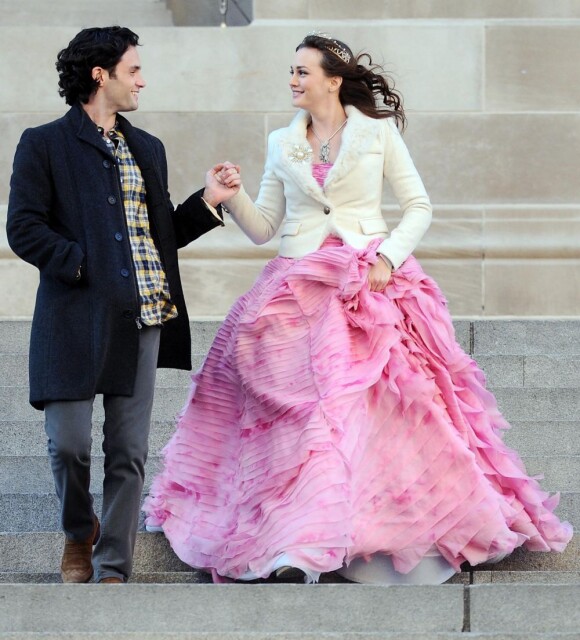 Leighton Meester et Penn Badgley sur le tournage de Gossip Girl le 6 février 2012