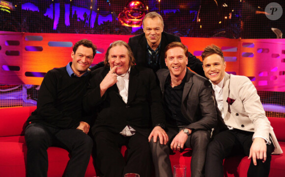 Gérard Depardieu s'est bien amusé sur le plateau de l'émission The Graham Norton Show dans les studios de Londres le 8 mars 2012 