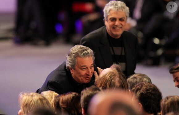 Christian Clavier et Enrico Macias le 11 mars 2012 lors du meeting de Villepinte de Nicolas Sarkozy
