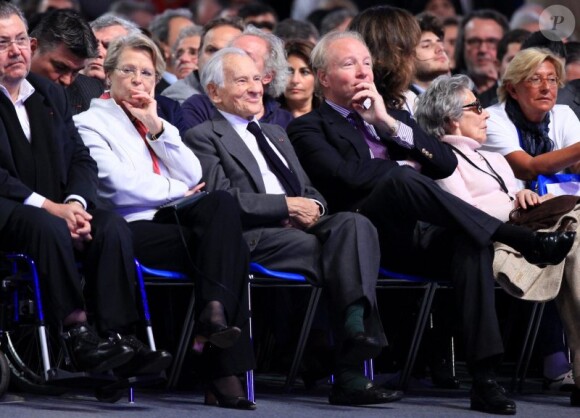 Michèle Alliot-Marie, Jean d'Ormesson et Brice Hortefeux le 11 mars 2012 à Villepinte lors du meeting de Nicolas Sarkozy