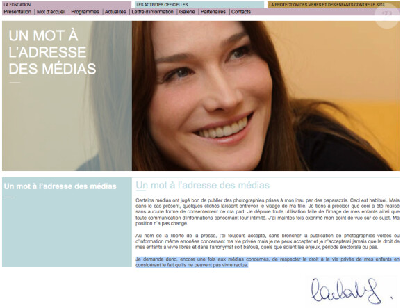 L'adresse aux médias de Carla Bruni-Sarkozy sur site officiel après la publication de photos de sa fille Giulia en Belgique. Le 15 mars 2012.