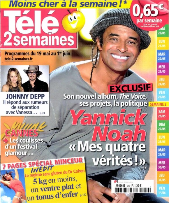 Yannick Noah : ses "quatre vérités" en couverture de Télé 2 Semaines, le 14 mai 2012.