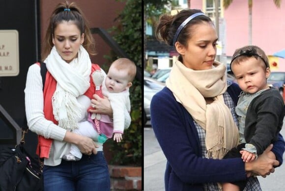 À gauche : Jessica Alba et sa fille Haven, à Los Angeles le 16 mars 2012 / À droite : Jessica Alba et sa fille aînée Honor, alors âgée de 9 mois, à Los Angeles le 14 mars 2009.