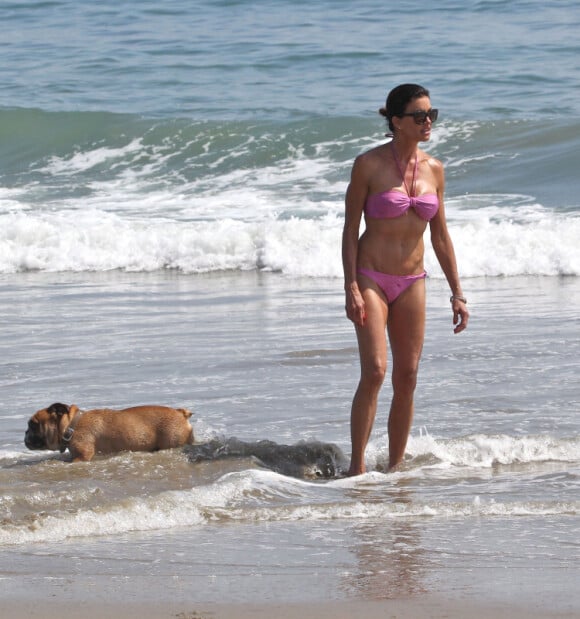 Janice Dickinson, 57 ans, se promène sur la plage de Malibu avec son chien, le dimanche 3 juin 2012.