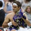 Roger Federer en demi-finale du tournoi de Wimbledon, affronte le Serbe Novak Djokovic. Londres, le 6 juillet 2012.