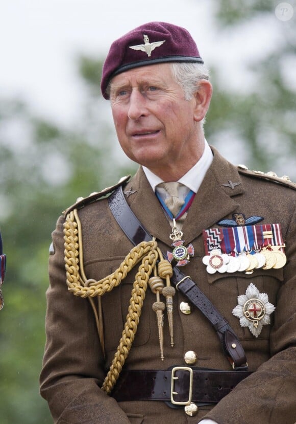 Le prince Charles de Galles, colonel en chef du régiment de parachutistes, à Staffordshire pour une cérémonie d'inauguration de deux sculptures hommages à l'oeuvre du régiment et de l'agence gouvernementale GCHQ, le 13 juillet 2012.