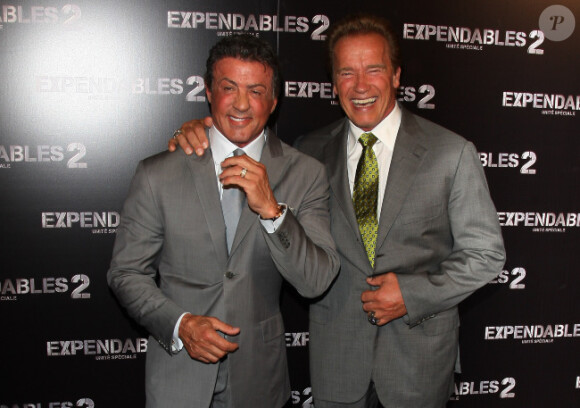 Sylvester Stallone et Arnold Schwarzenegger en août 2012 à Paris.