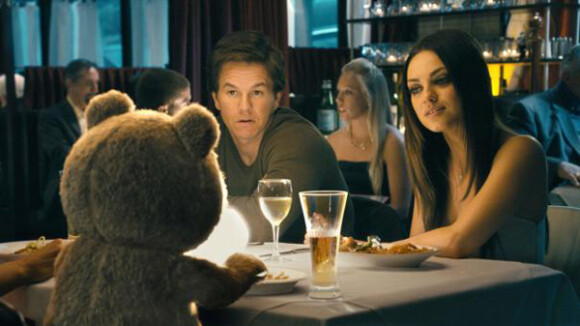 Ted avec Mark Wahlberg et Mila Kunis. Joey Starr prêtera sa voix à l'ours dans la version française.