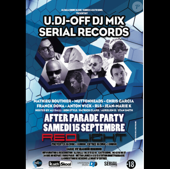 Programme de la soirée U.DJ- OFF DJ MIX Serial Records pour la Techno Parade 2012, le 15 septembre 2012.