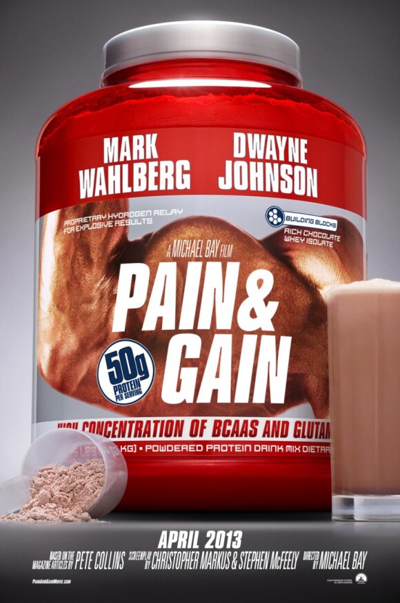 La première afficher de la comédie d'action Pain and Gain de Michael Bay, avec Mark Wahlberg et Dwayne Johnson.