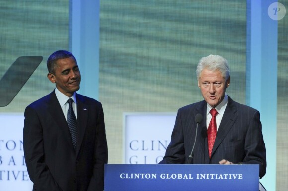 Barack Obama était présent au côté de Bill Clinton pour son discours de la Clinton Global Initiative à New York le 25 septembre 2012.