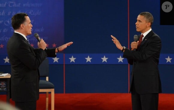 Mitt Romney et Barack Obama en plein débat à la Hofstra University. Hempstead, le 16 octobre 2012.