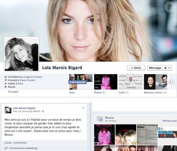Capture d'écran de la page Facebook de Lola Bigard sur laquelle elle annonce son hospitalisation, le 23 octobre 2012.