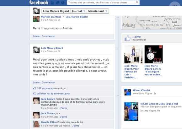 Lola Marois - capture d'écran de sa page Facebook le 29 octobre 2012