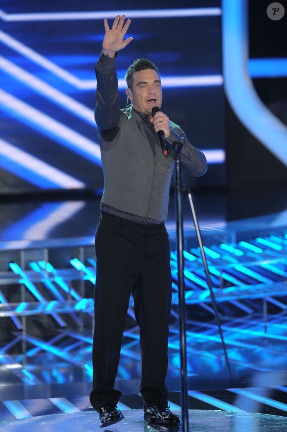 Robbie Williams sur le plateau X Factor à Milan le 18 octobre 2012.
