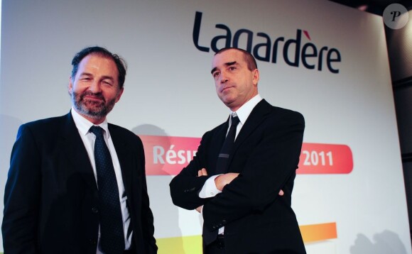Denis Olivennes et Arnaud Lagardère à Levallois-Perret le 8 mars 2012.
