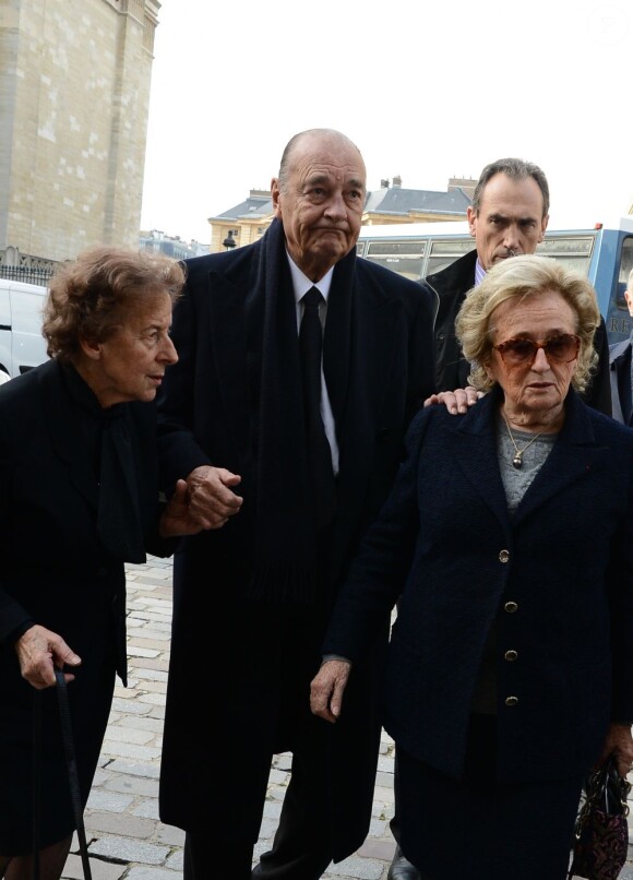 Jacques Chirac, Bernadette Chirac et la femme de Maurice Ulrich aux funérailles de Maurice Ulrich à l'église Saint-Etienne-du-Mont à Paris le 20 novembre 2012.