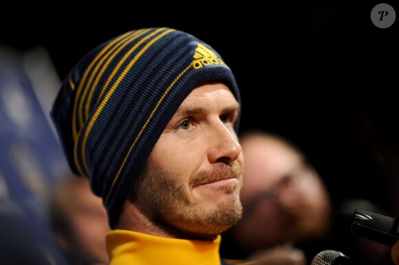 David Beckham lors d'une conférence de presse donnée suite à l'annonce de son départ de la MLS, le 20 novembre 2012 au Home Depot Center de Carson City à Los Angeles