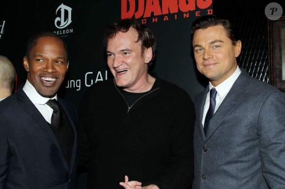 Jamie Foxx, Quentin Tarantino et Leonardo DiCaprio en joie à la première de Django Unchained au Ziegfeld Theatre de New York, le 11 décembre 2012.