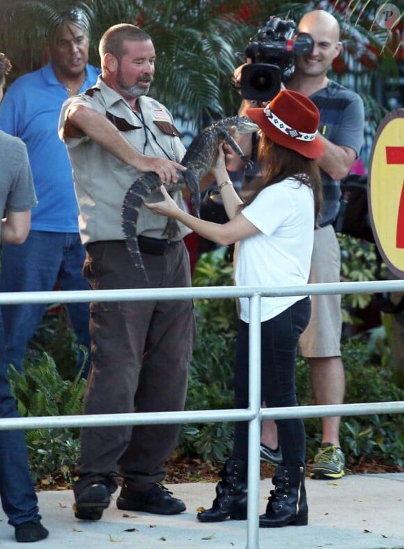 Kourtney Kardashian prend son courage à deux mains et porte un alligator lors de sa balade au Safari Park d'Everglades. Miami, le 11 décembre 2012.