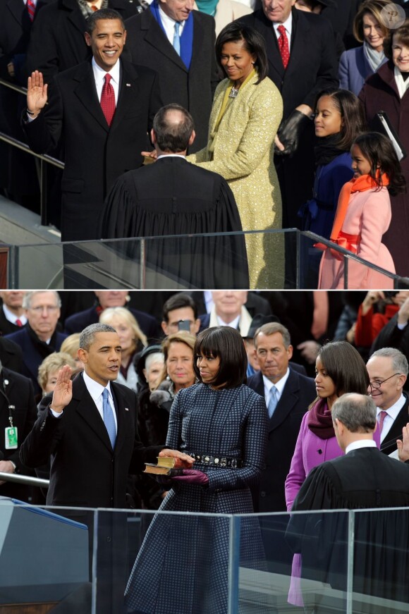 Comparatif des deux cérémonies d'investiture du président Barack Obama au Capitol de Washington, en 2009 (photo du haut) puis 2013 (photo du bas)